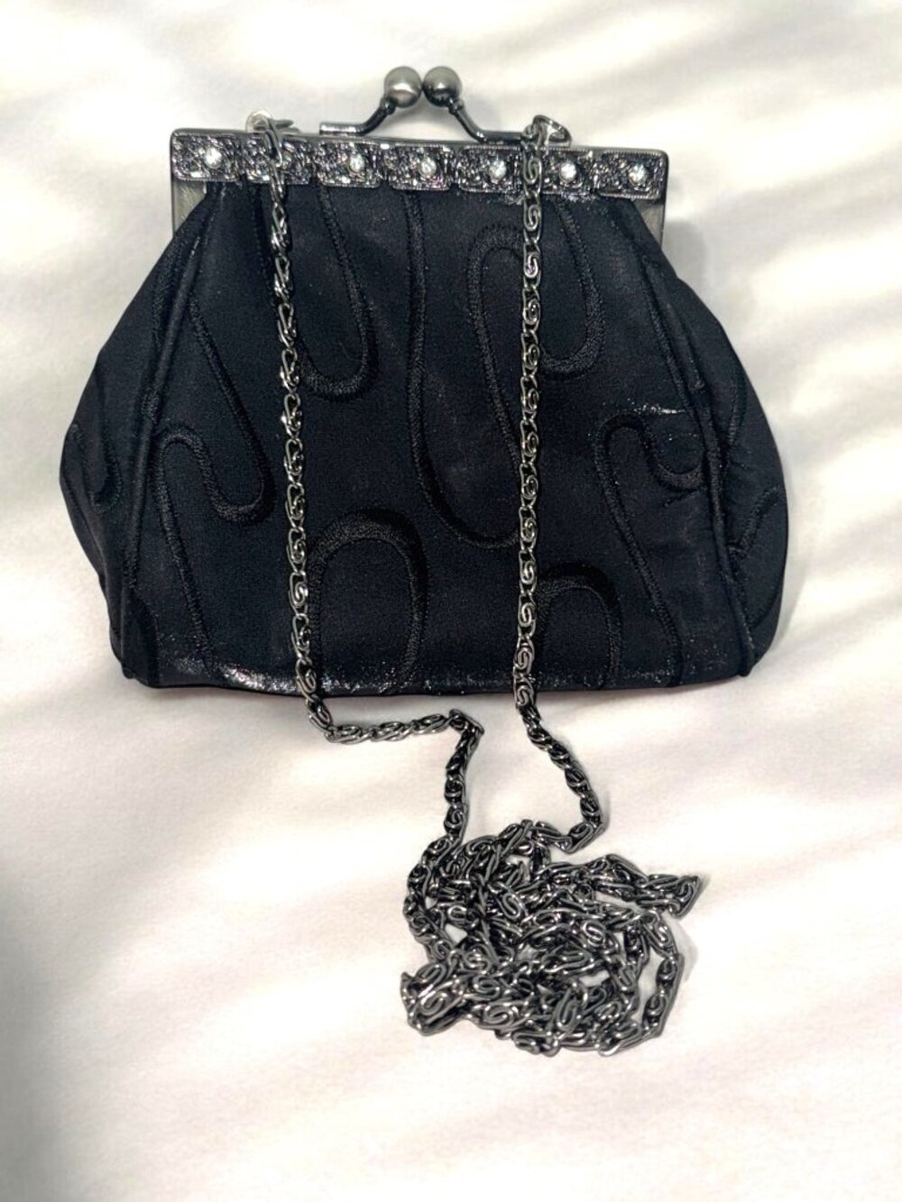 Vintage Black Satin Evening Bag With Rhinestone Clasp & Chain Strap